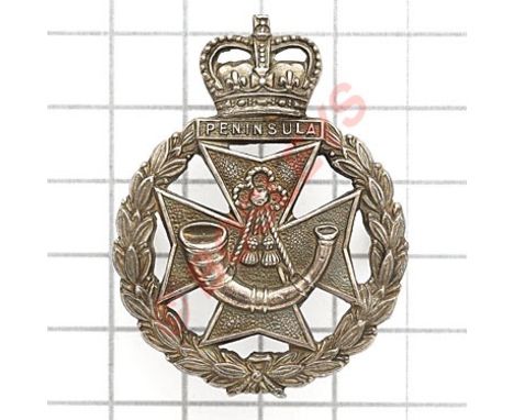 Green Jackets Brigade Officer’s 1958 Birmingham hallmarked silver cap badgeDie-cast. Laurel wreath surmounted by a crown on “