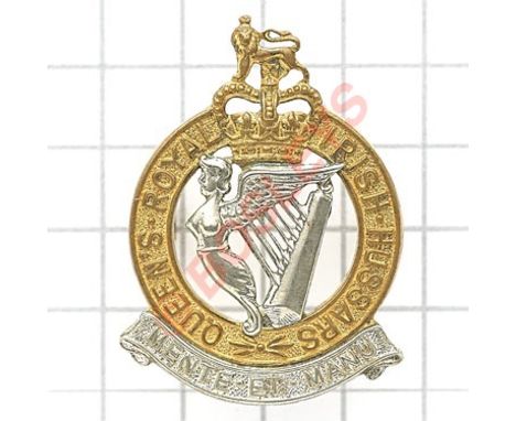 Queen’s Royal Irish Hussars Officer’s cap badge circa 1958.Die-cast 1st pattern in gilt with silvered Maid of Erin Harp and s