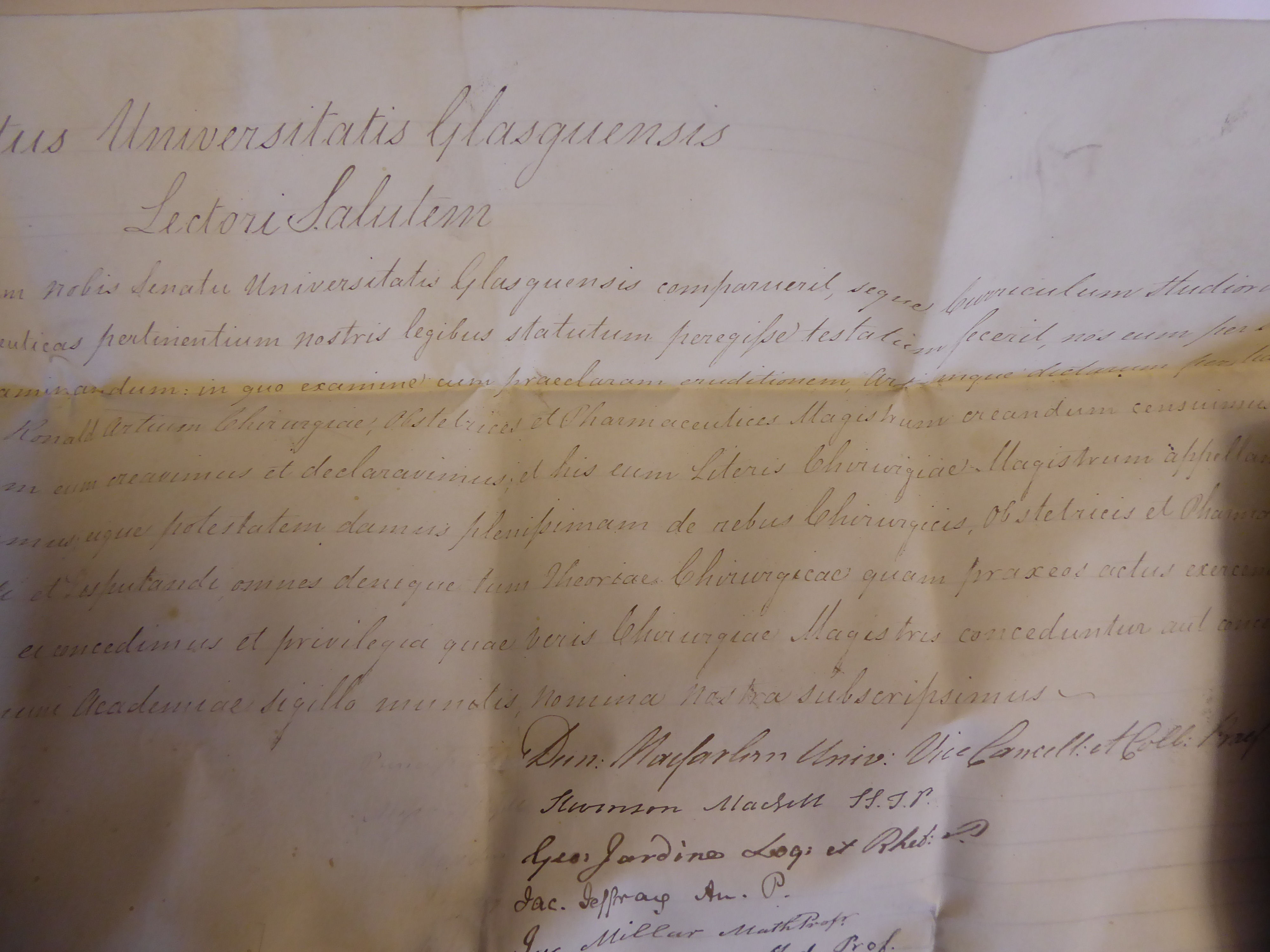 An 1825 handwritten degree on parchment certificate, under seal, from