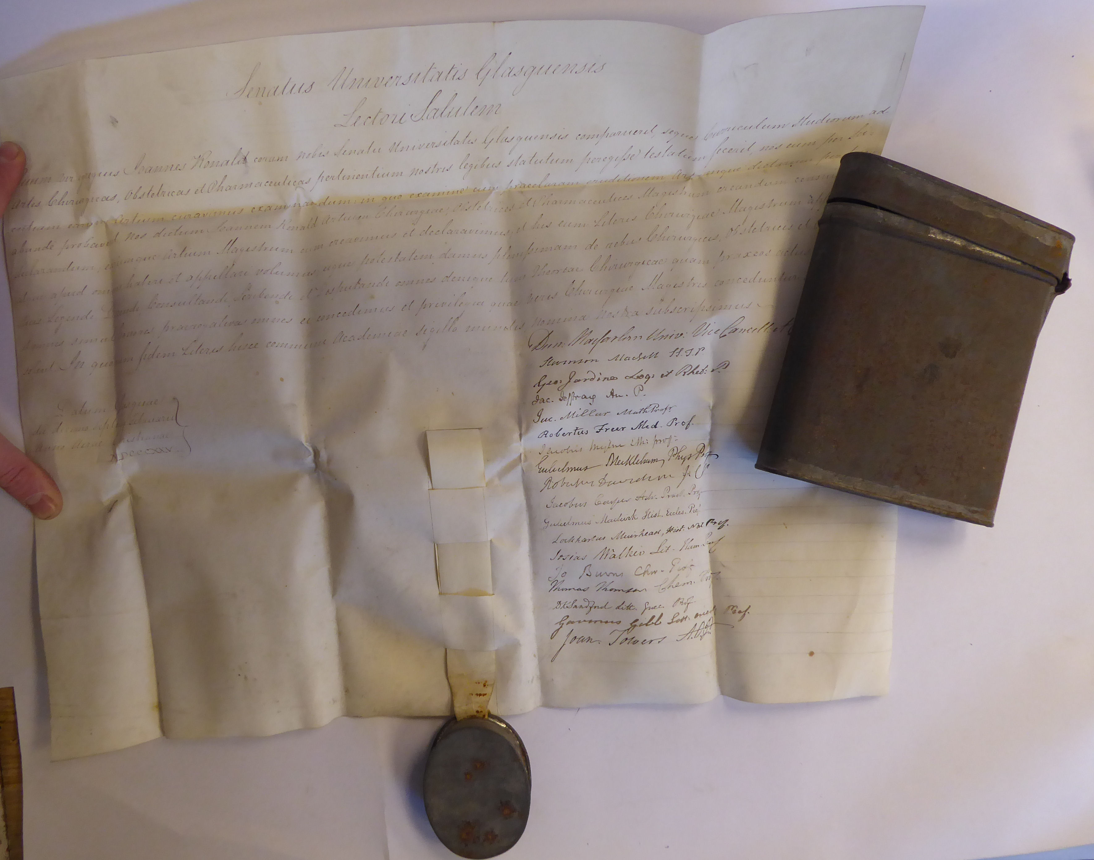 An 1825 handwritten degree on parchment certificate, under seal, from