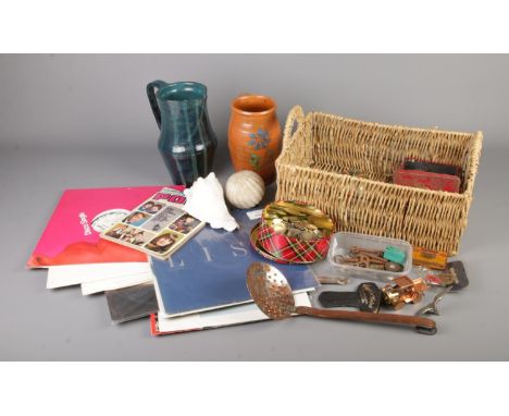 A mixed box of collectables including studio pottery vases, Conch shell, valves, mixed coinage, paperweight, Valentine Pop Sp