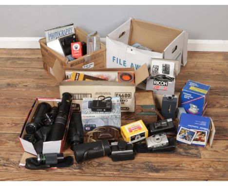 Two boxes of of photographic equipment. Includes Kodak Instamatic 33/200, Panasonic Zoom, Ilford Sportsmax, Polaroid Supercol