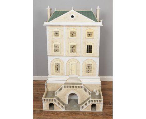 A very large modern five storey dolls house with a good collection of furniture, dolls and accessories. Reverse is fully wire