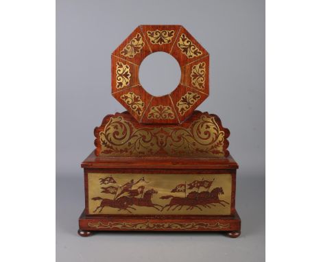 A Nineteenth century rosewood and brass inlaid mantel clock casing of octagonal form, featuring scrolled floral detailing. Mo