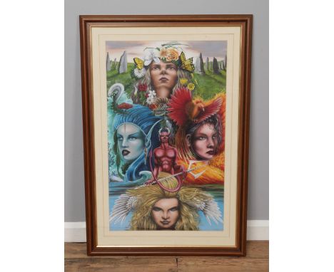 K Donald (unknown); a large framed acrylic painting depicting mystical figures and creatures. Signed bottom right. Height: 79