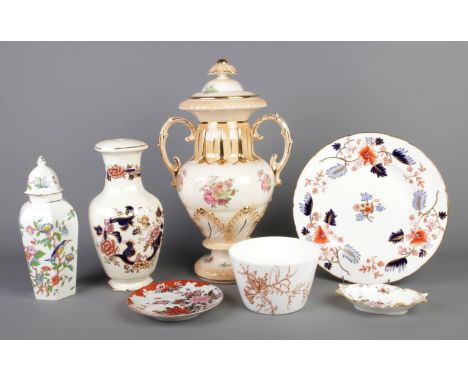 A group of collectables, including a large Blakeney urn decorated in gilt and flowers (H40cm), Masons and Aynsley vases, thre