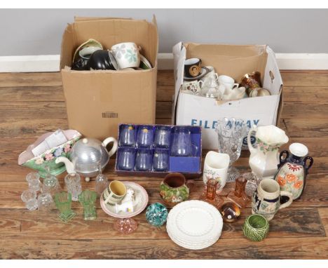Two boxes of miscellaneous. Includes pair of large imari vases, Maling ware, Sylvac, 1930s Bagley vases, Art Deco candlestick