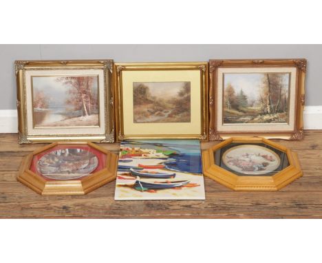 A quantity of pictures and paintings. To include watercolour river scene, ceramic tile of a harbour scene and two mounted cab