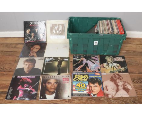A large box of assorted vinyl records, including Rod Stewart, Elton John, Queen, Michael Jackson, John Denver, Elvis, Bob Mar
