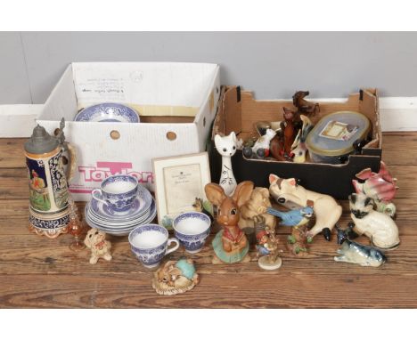 A quantity of Old Willow Pattern English Ironstone with a German Stein and small amount of Pendelfin and other figures.