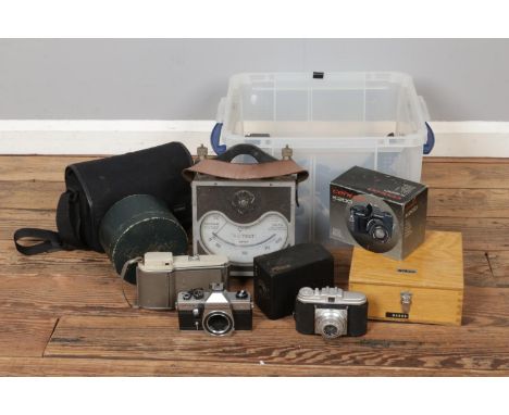 A box of mixed collectables and photographic equipment including Crompton AC test meter, Portrait Hawkeye no2,  Centon K200, 