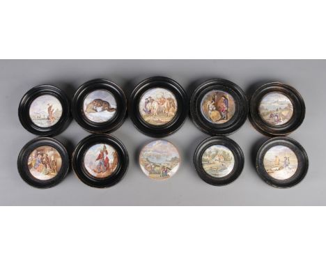 Ten Nineteenth Century Prattware pot lids, nine in mounts. To include Pegwell Bay, Persuasion, The Sportsman, The First Appea