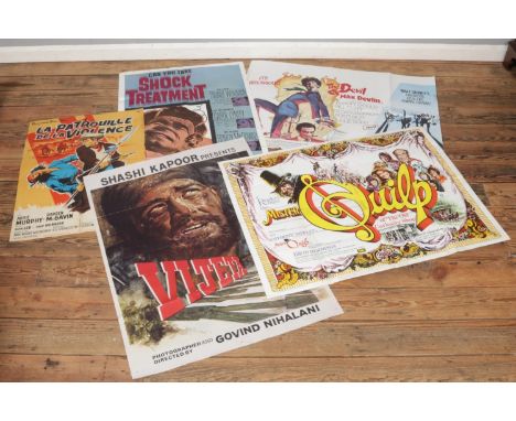 A small collection of quad movie posters including Mister Quilp, La Patroille De La Violence, Shock Treatment and The Devil a