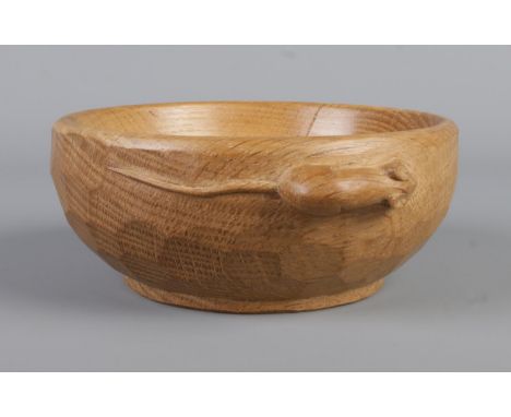 Robert 'Mouseman' Thompson, a carved oak nut bowl, with adzed outer detailing and signature mouse to the body. Diameter: 16cm