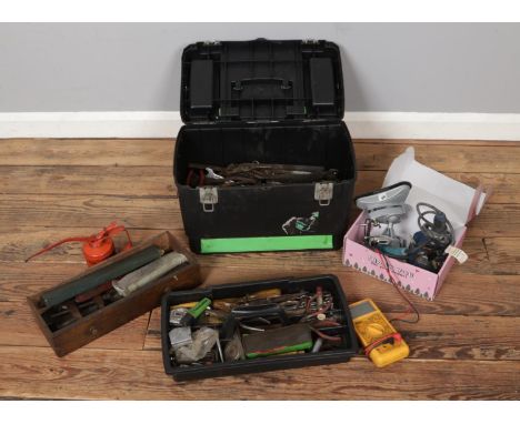 One toolbox and two smaller boxes of assorted tools to include Workzone soldering iron, Amp meter, pliers, screwdrivers, oil 