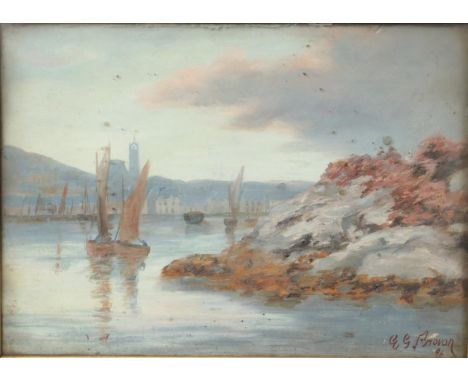 A 19th century gilt framed oil on canvas depicting a seascape with sail boats. Signed. Possibly EG Provan/EGP Moran. Approx. 