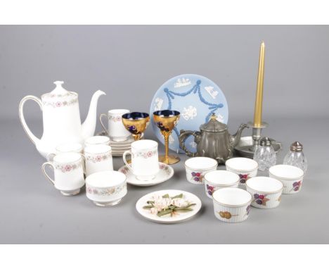 A box of ceramics including Paragon Belinda pattern part tea service, Royal Worcester Evesham, two goblets, pewter tea pot an