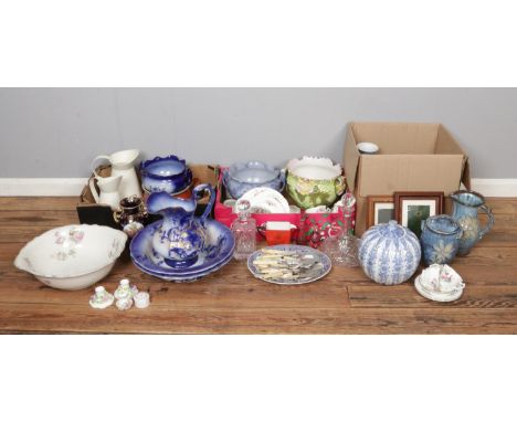 Four boxes of assorted miscellaneous, to include Chinese blue and white pumpkin jar, jug and washbowl, Coalport 'Junetime' pa