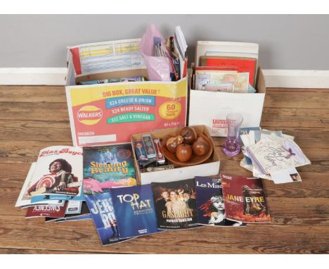 A large collection of vintage ephemera and theatre programmes with a box of assorted greeting cards, including historic house