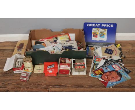 A box of vintage tobacco and smoking collectables, to include vintage sealed tobacco, advertising ephemera, mixed cigarette c