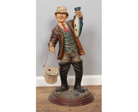 A Peter Mook's "Season's Best" resin statue, with basket and signed at base, size 36x78cm.  Missing fishing rod.