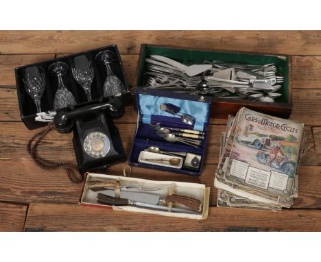 A box of mixed collectables including a rotary phone, horn handle carving set, Royal Doulton wine glasses, an assortment of c