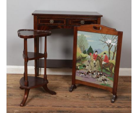 Three pieces of occasional furniture. Includes two drawer side table, three tier plant stand and embroided fire screen with h