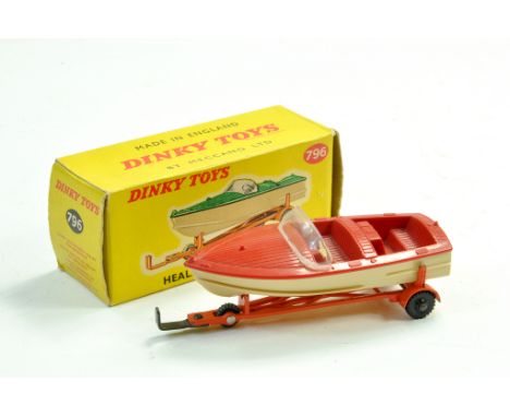 Dinky No. 796 Healey Sports Boat on Trailer in light red with cream hull and orange Trailer. Generally excellent in very good