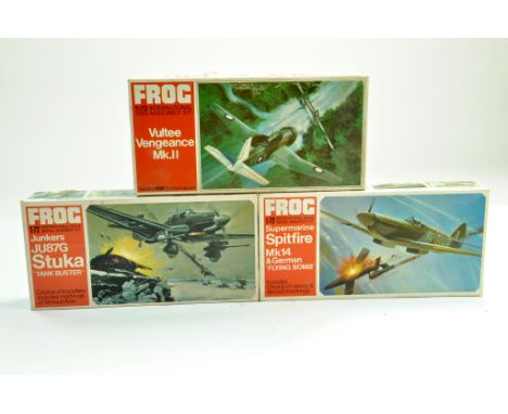 FROG 1/72 Plastic Model Aircraft Kit group comprising Vultee Vengence, Spitfire and German Bomb plus Junkers Stuka. Complete.