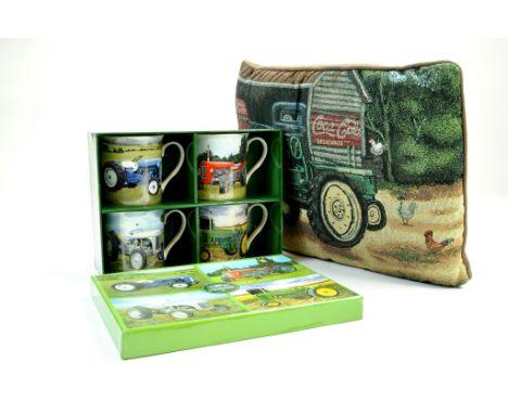 Tractor Ephemera comprising ceramic mug set plus John Deere Cushion.