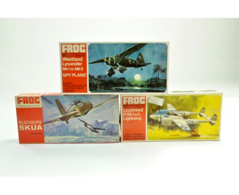 FROG 1/72 Plastic Model Aircraft Kit group comprising Westland Lysander, Blackburn Skua and Lockheed P38 Lightning. Complete.