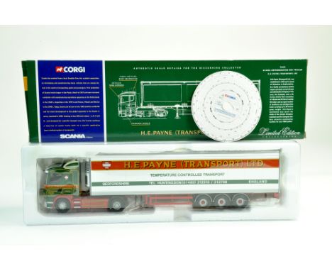 Corgi 1/50 diecast truck issue comprising No. CC76601 Scania Fridge Trailer in the livery of HE Payne. Complete with certific