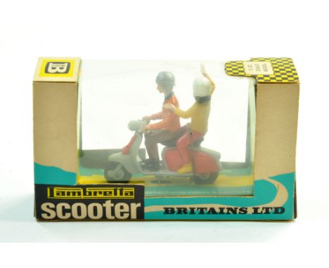 Britains 1/32 Motorcycles Range Set No. 9685 Lambretta Scooter with Rider &amp; Female Passenger. Grey and Red Scooter with f