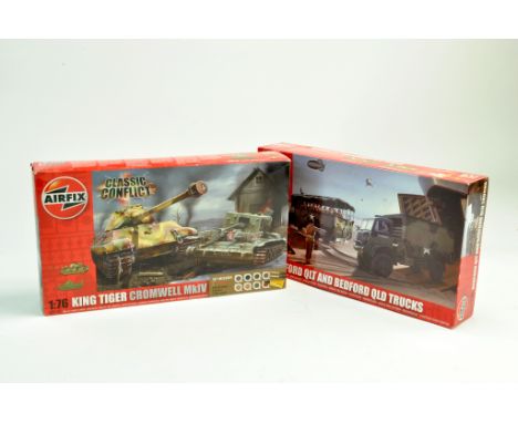 Airfix 1/76 plastic model kit duo comprising King Tiger Cromwell Tank plus Ford and Bedford Military Trucks. Ex trade stock, 
