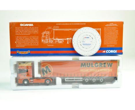 Corgi 1/50 diecast truck issue comprising No. CC12926 Scania Topline Curtainside in the livery of Mulgrew. Complete with cert