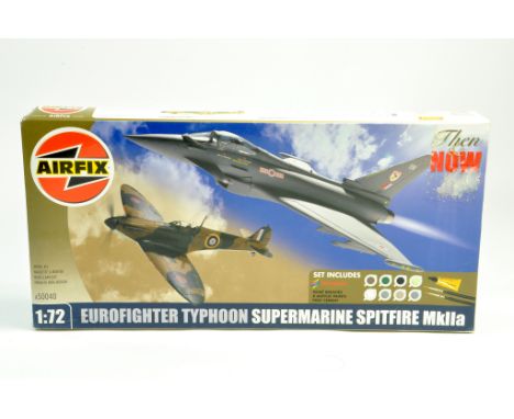 Airfix 1/72 plastic aircraft model kit comprising Eurofighter Typhoon Supermarine Spitfire Duo Set. Ex trade stock, hence com