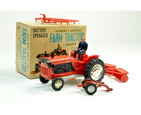 Marx plastic battery operared Tractor with Plough, cultivator rake and Disc Harrow Set. Working Condition. Generally Excellen