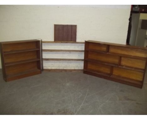 FOUR ITEMS TO INCLUDE A 2 TIER BOOKSHELVES, A PINE BOOK SHELF AND A SMALL PRESENTATION WALL SHELF