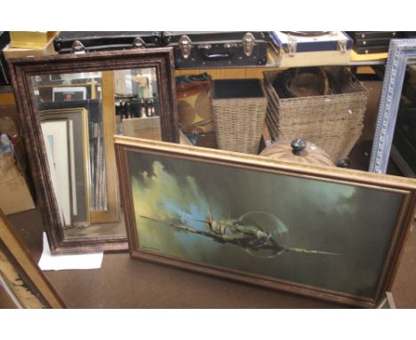 A FRAMED PRINT OF A SPITFIRE TOGETHER WITH A MIRROR