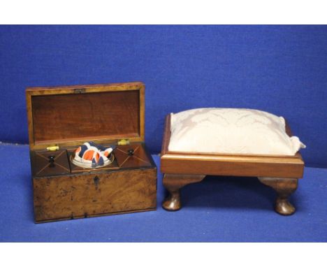 A WALNUT TEA CADDY TOGETHER WITH A STOOL