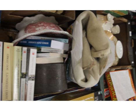 A TRAY OF SUNDRIES TO INCLUDE A MANTLE CLOCK, BOOKS ETC  (TRAY/S NOT INCLUDED)