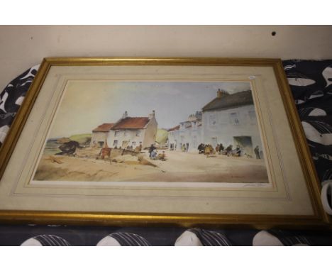 A FRAMED AND GLAZED PRINT OF A STREET SCENE SIGNED TO THE LOWER RIGHT