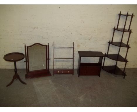 FIVE MODERN REPRODUCTION ITEMS TO INCLUDE A WOT NOT, MAGAZINE RACK TABLE, A DRESSING MIRROR, AN INLAID WINE TABLE AND A DISPL