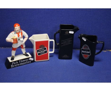 THREE WADE PUB JUGS TOGETHER WITH A CARLTONWARE FLOWERS BEER ADVERTISING FIGURE