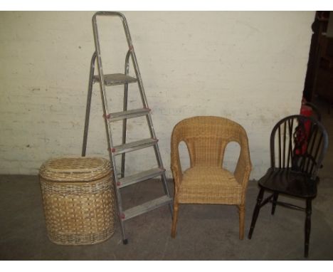 FOUR ITEMS TO INCLUDE AN ALUMINIUM STEP LADDER, A WHEEL BACK CHAIR, AN OCCASSIONAL WICKER CHAIR AND A LINEN BASKET