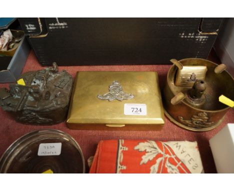 A State Express cigarette box, Trench Art ashtray, matchbook case and a Royal Artillery model