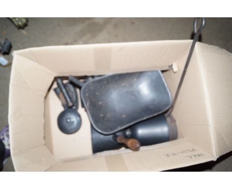 A set of scales; a flat iron; chestnut roaster etc