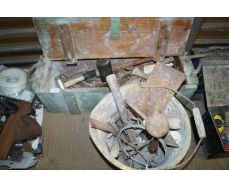 A wooden storage box and contents together with a bucket containing tools