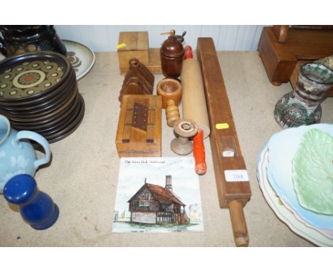 A glazed tile depicting The Moot Hall in Aldeburgh, a collection of various wooden items to include rolling pin, bridge board