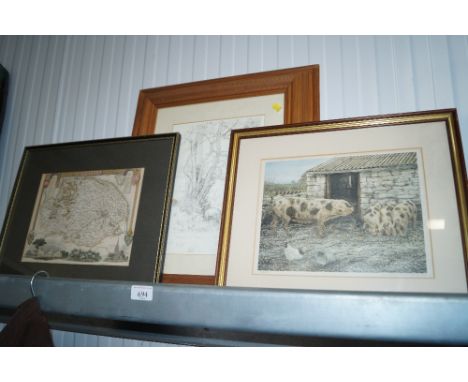 A Winnie the Pooh print, pencil signed limited edition print Farmyard scene, a map of Norfolk